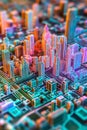 Top-down technical aerial visualization of cityscape with LiDAR-based 3D models of buildings roads and elevation data