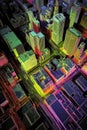 Top-down technical aerial visualization of cityscape with LiDAR-based 3D models of buildings roads and elevation data