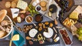 Top down view of an assortment of French and British cheese