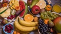 Top down view of an assortment of healthy, organic fruits Royalty Free Stock Photo