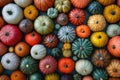 A top-down view of a background filled with multicolored pumpkins, creating a vibrant pattern Royalty Free Stock Photo