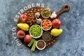 Top down view of a board topped with foods high in phytoestrogens. Royalty Free Stock Photo