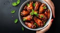 A top-down view of Buffalo chicken wings served with cold beer, featuring copy space Royalty Free Stock Photo