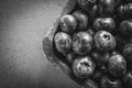 Top Down View Of A Bunch Of Blueberries In A Wooden Bowl, Standing On Slate Stone In Monochrome Colors