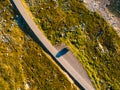 Top down view. Camper car on road, Hardangervidda plateau, Norway