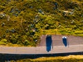 Top down view. Camper car on road, Hardangervidda plateau, Norway