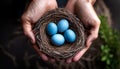 A top-down view capturing hands gently cradling a bird\'s nest, which holds several delicate blue eggs Royalty Free Stock Photo