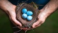 A top-down view capturing hands gently cradling a bird\'s nest, which holds several delicate blue eggs Royalty Free Stock Photo