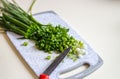 A top down view of chopped green onion on cutting board on a white wooden table. Healthy eating concept. A prebiotic