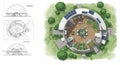 Top-down view of a circular, dome-shaped house design surrounded by greenery. The Royalty Free Stock Photo