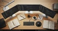 Top-down view of a cluttered wooden desk with a programmer working on three monitors Royalty Free Stock Photo
