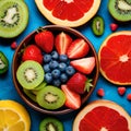 A top-down view of a colorful fruit salad with strawberries, kiwis, blueberries, and bananas Royalty Free Stock Photo