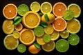 Top Down View of Freshly Cut Organic Citrus Fruit Slices Pattern Orange Green Yellow