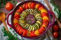 top-down view of a colorful and vibrant ratatouille dish served in a ceramic bowl, highlighting the beautiful presentation of the