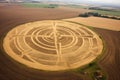 top-down view of crop circles resembling ancient symbols