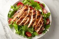 Top-down view of sliced grilled chicken breast atop a bed of arugula, spinach, and cherry tomatoes, sprinkled with crumbled feta