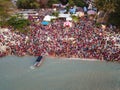Top down view devotees prepare for Sri Singamuga`s Floating Chariot Procession