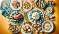 Top-down view of an Easter lunch, featuring roasted lamb, asparagus risotto, artichoke hearts, and Colomba Pasquale