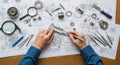 Engineer s hands examining detailed blueprints with precision tools and mechanical components Royalty Free Stock Photo