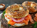 Top down view of Everything bagels with salmon lox, cream cheese and garnished with capers and sprouts. Delicious bagel Royalty Free Stock Photo