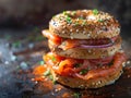 Top down view of Everything bagels with salmon lox, cream cheese and garnished with capers and sprouts. Delicious bagel Royalty Free Stock Photo