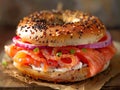 Top down view of Everything bagels with salmon lox, cream cheese and garnished with capers and sprouts. Delicious bagel Royalty Free Stock Photo