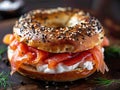 Top down view of Everything bagels with salmon lox, cream cheese and garnished with capers and sprouts. Delicious bagel Royalty Free Stock Photo