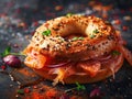 Top down view of Everything bagels with salmon lox, cream cheese and garnished with capers and sprouts. Delicious bagel Royalty Free Stock Photo