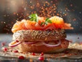 Top down view of Everything bagels with salmon lox, cream cheese and garnished with capers and sprouts. Delicious bagel Royalty Free Stock Photo