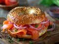 Top down view of Everything bagels with salmon lox, cream cheese and garnished with capers and sprouts. Delicious bagel Royalty Free Stock Photo