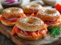 Top down view of Everything bagels with salmon lox, cream cheese and garnished with capers and sprouts. Delicious bagel Royalty Free Stock Photo