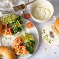 Top down view of everything bagels topped with cream cheese, smoked salmon lox Royalty Free Stock Photo