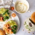 Top down view of everything bagels topped with cream cheese, smoked salmon lox Royalty Free Stock Photo