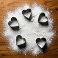 Heart Shaped Cookie Cutters Scattered with Flour on Wooden Surface Royalty Free Stock Photo