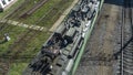 Top down view of a freight train. Cargo train on a station hub. Heavy industry. Industrial conceptual scene with train