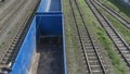 Top down view of a freight train. Cargo train on a station hub. Heavy industry. Industrial conceptual scene with train