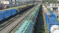 Top down view of a freight train. Cargo train on a station hub. Heavy industry. Industrial conceptual scene with train