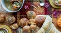 Top down view of fresh rolls pouring out of a bread cornucopia with bowls of homemade turkey soup. Royalty Free Stock Photo