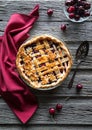 Top down view of a freshly baked cherry pie ready for slicing and serving. Royalty Free Stock Photo