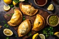 Top-down view of freshly baked empanadas with golden, flaky crust and savory meat filling, served with a side of chimichurri