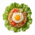Top down view of fried egg on rice with lettuce tomato and cucumber image Royalty Free Stock Photo