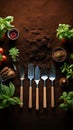 Top down view Gardening tools on fertile soil texture, illustrating spring planting concept