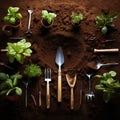 Top down view Gardening tools on fertile soil texture, illustrating spring planting concept