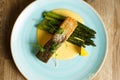 Top down view of Grilled fillet of Salmon with steamed green asparagus, hollandaise sauce Royalty Free Stock Photo