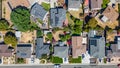 Top down view of houses in a neighborhood in Castro Valley, California with cars houses, streets and yards Royalty Free Stock Photo