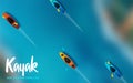 Top down view of kayak boat (canoe) with paddle on the beautiful tropical blue sea surface. Vector illustration Royalty Free Stock Photo