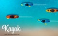 Top down view of kayak boat (canoe) with paddle on the beautiful tropical blue sea surface. Vector illustration