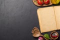 Top-down view of a kitchen table with ingredients, utensils, and an open cookbook