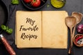 Top-down view of a kitchen table with ingredients, utensils, and an open cookbook