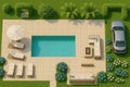Top-Down Landscape Architecture Visualization Showing Pool, Spa, Outdoor Living Zones and Private Garden Layout Royalty Free Stock Photo